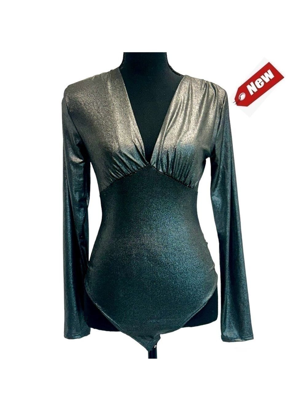 LIVE IN THE MOMENT gray metallic silver long sleeve deep V plunge bodysuit NWT